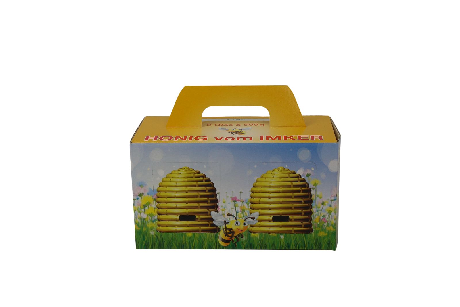 Geschenkkarton 2 x 500 g "Biene mit Bienenkorb"
